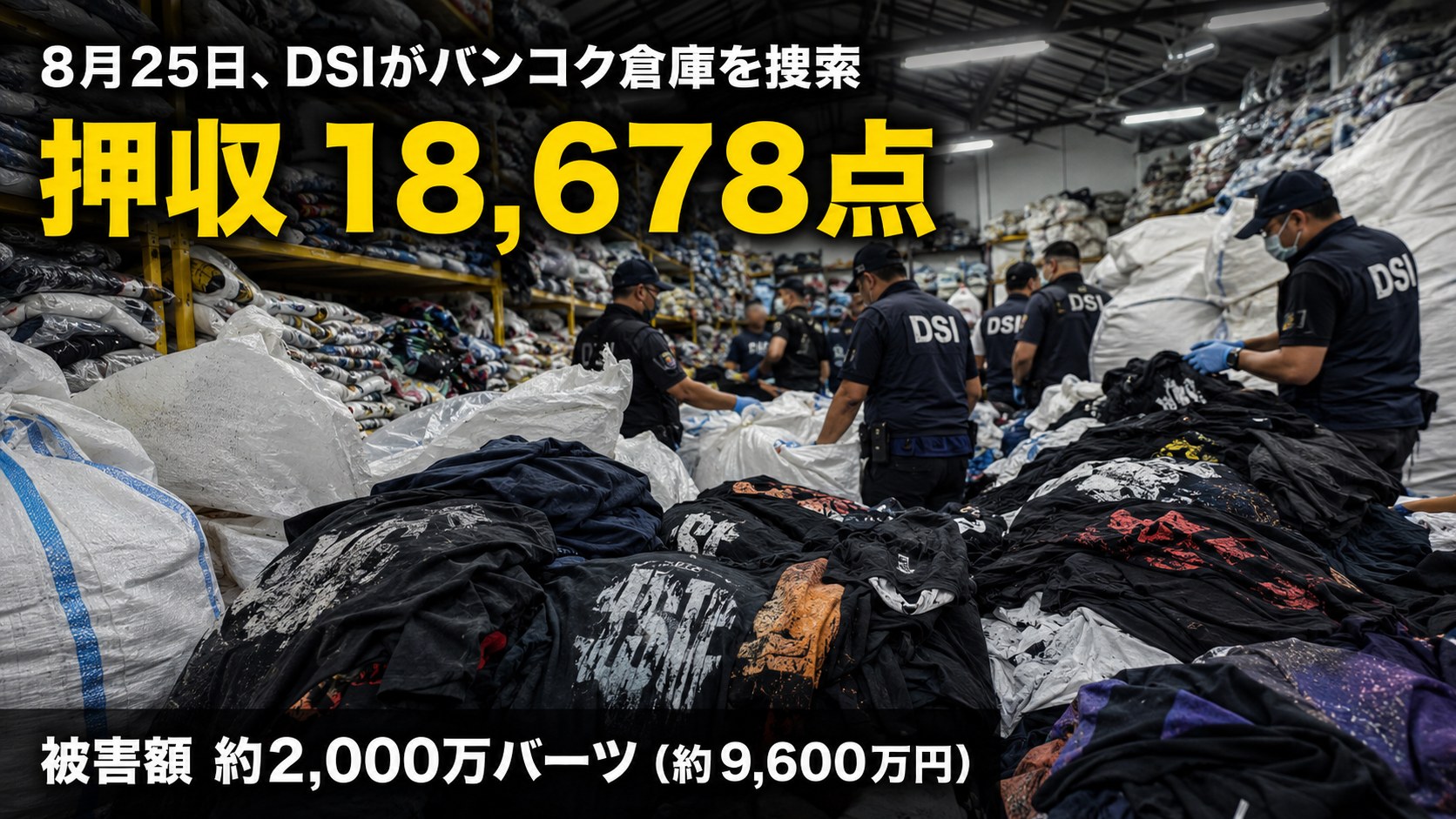 バンコクの倉庫に積まれた衣類と、タグを確認する手