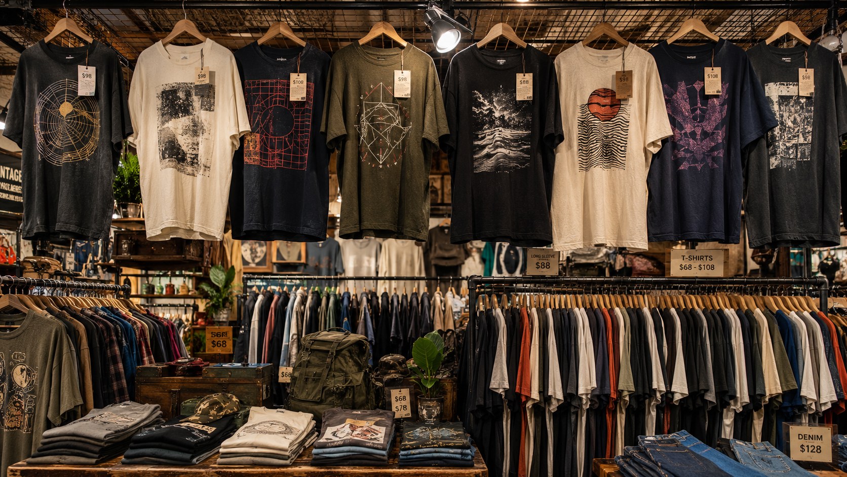 古着店に並ぶヴィンテージTシャツと高い値札