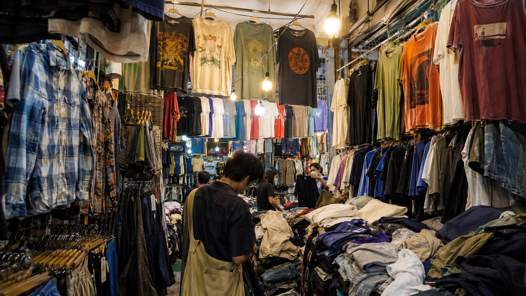バンコクの衣料問屋街の通路。無地とプリントものが同じ棚に並ぶ
