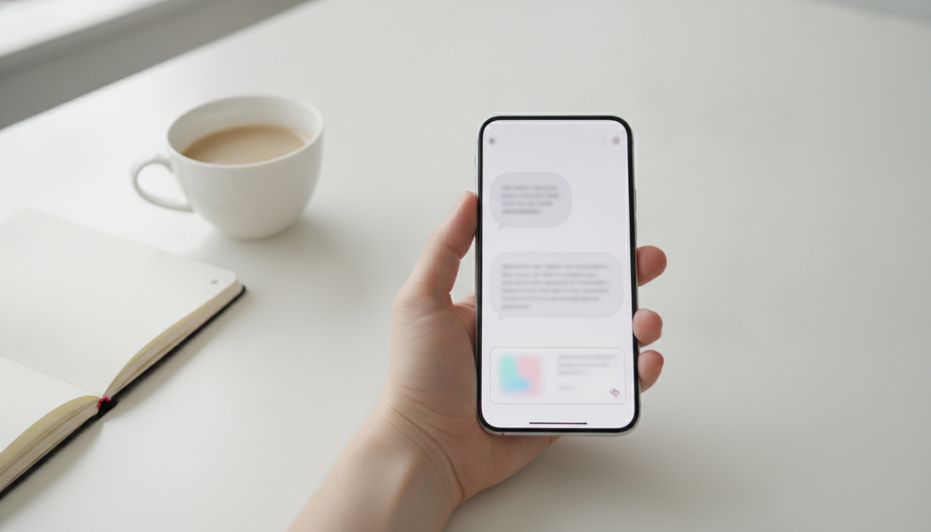 スマホのチャット画面。回答の下に、区切られた小さな広告カードが表示されている手元