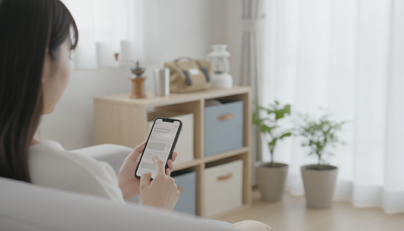 ソファに座った女性の肩越しに、買い物の前にスマホのチャットで相談している画面。奥の棚にコーヒーミルやランタン、収納ボックス