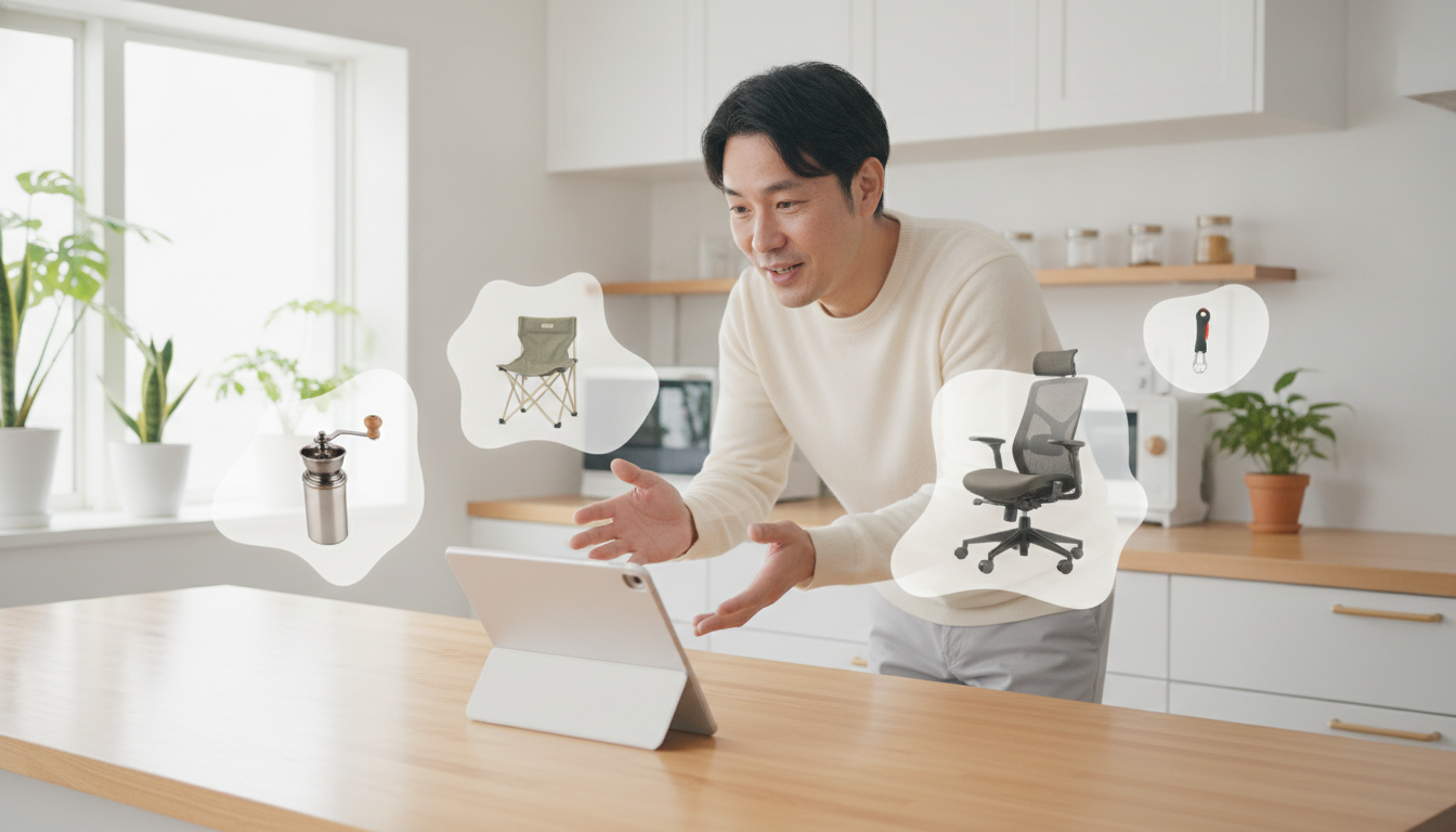 キッチンでタブレットに相談する男性の周りに、コーヒーミル、キャンプ椅子、デスクチェア、キッチン用品の商品カードが浮かんでいる
