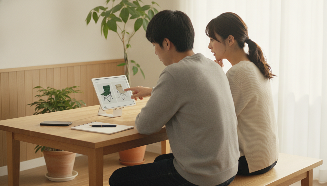ダイニングテーブルに並んで座る夫婦が、タブレットのチャット画面で2つのキャンプ椅子を指さして比べている後ろ姿
