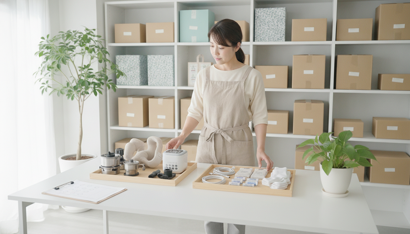 白い作業台で、説明が必要な商品と、最安値で選ばれる消耗品を2つのトレーに仕分けしている女性。手前にチェックリスト