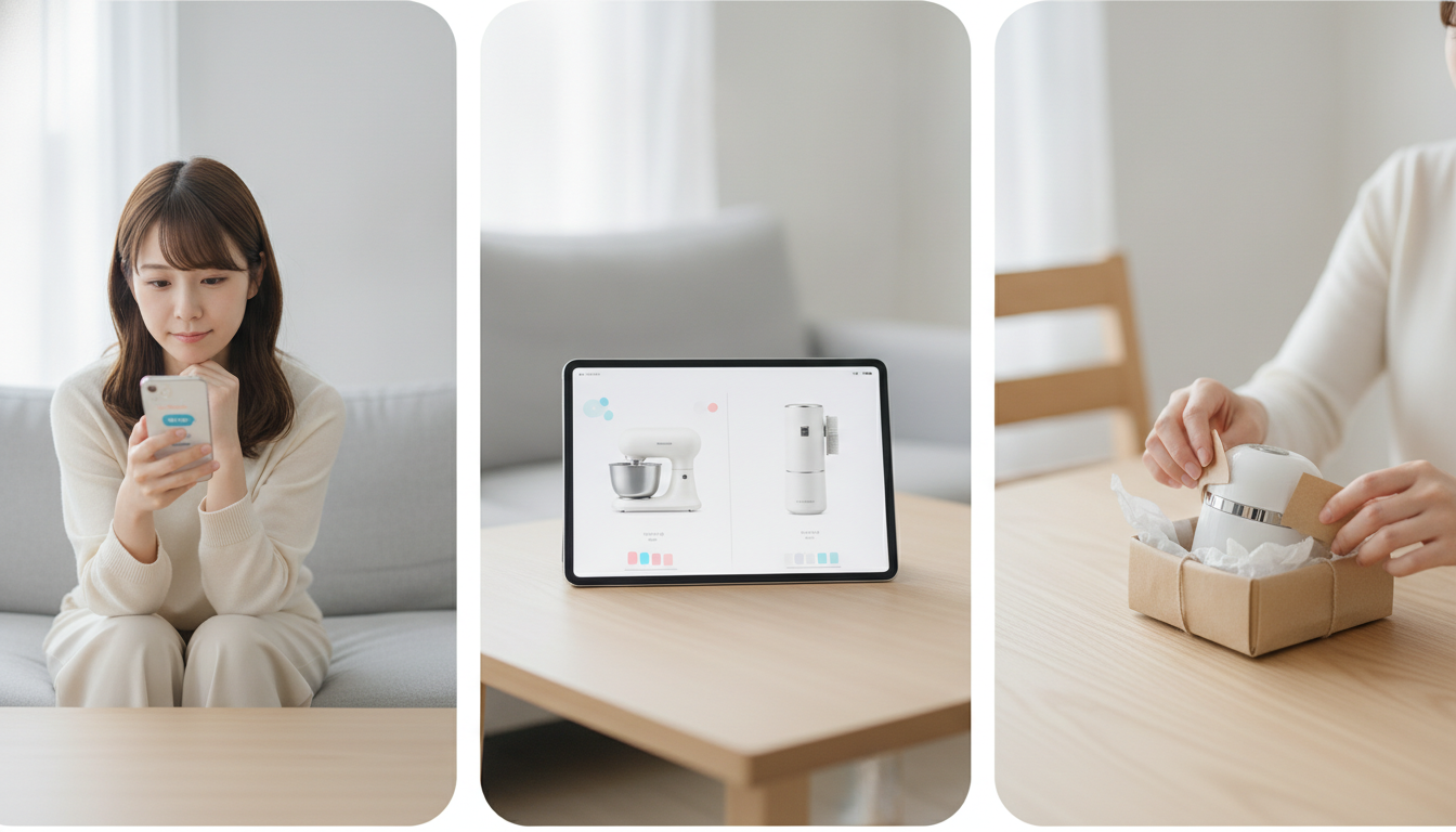 3つの場面の写真。スマホのチャットに相談する女性、タブレットで2つの商品を比べる画面、届いた小包を開ける手元